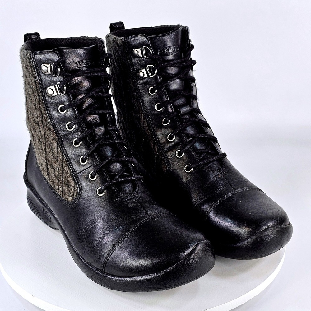 Keen Bern Baby Bern Lace Boots Black Leather Knit Wool Mid Calf Womens 8 1011456